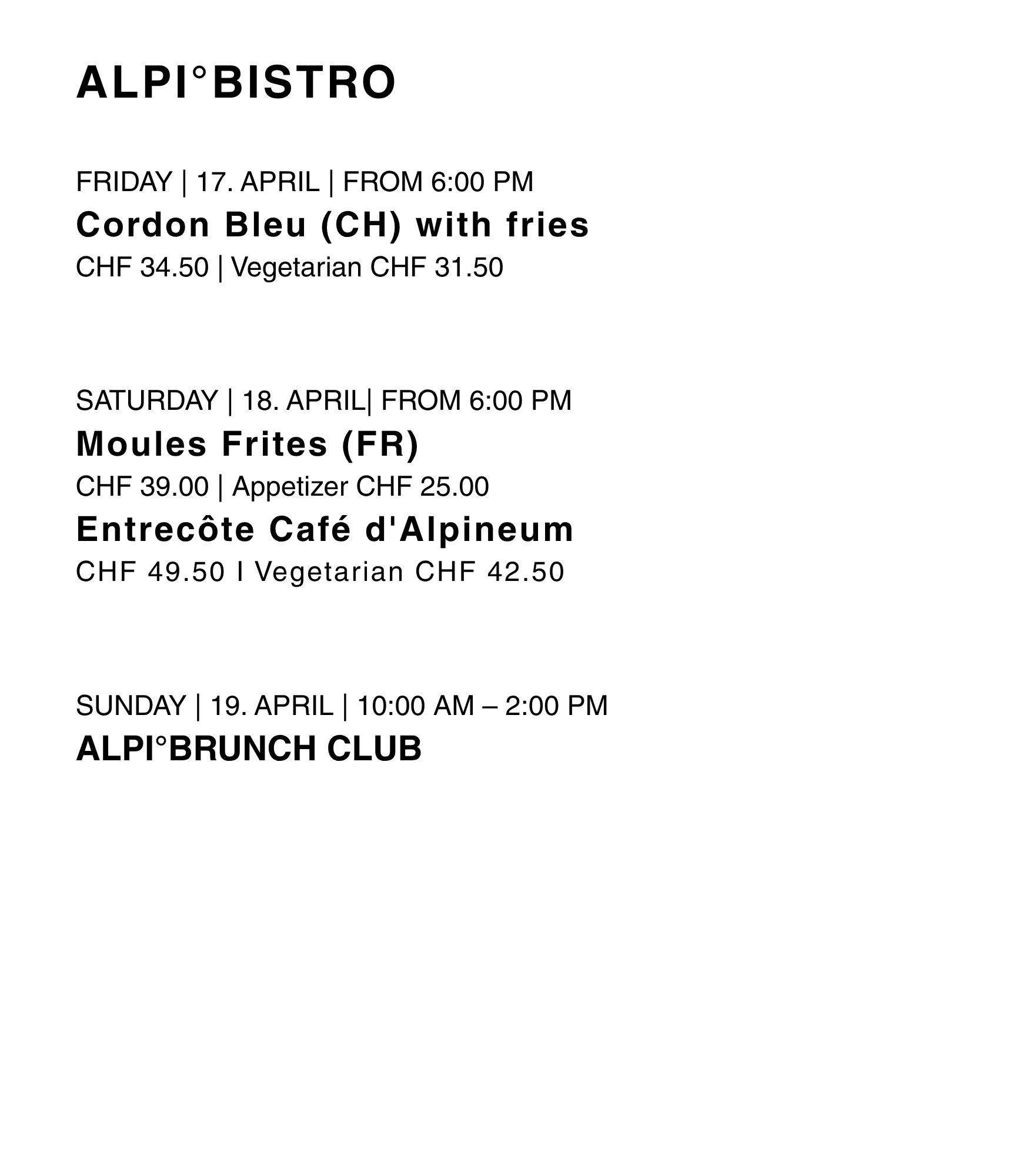 Bistro Events 17-19 April